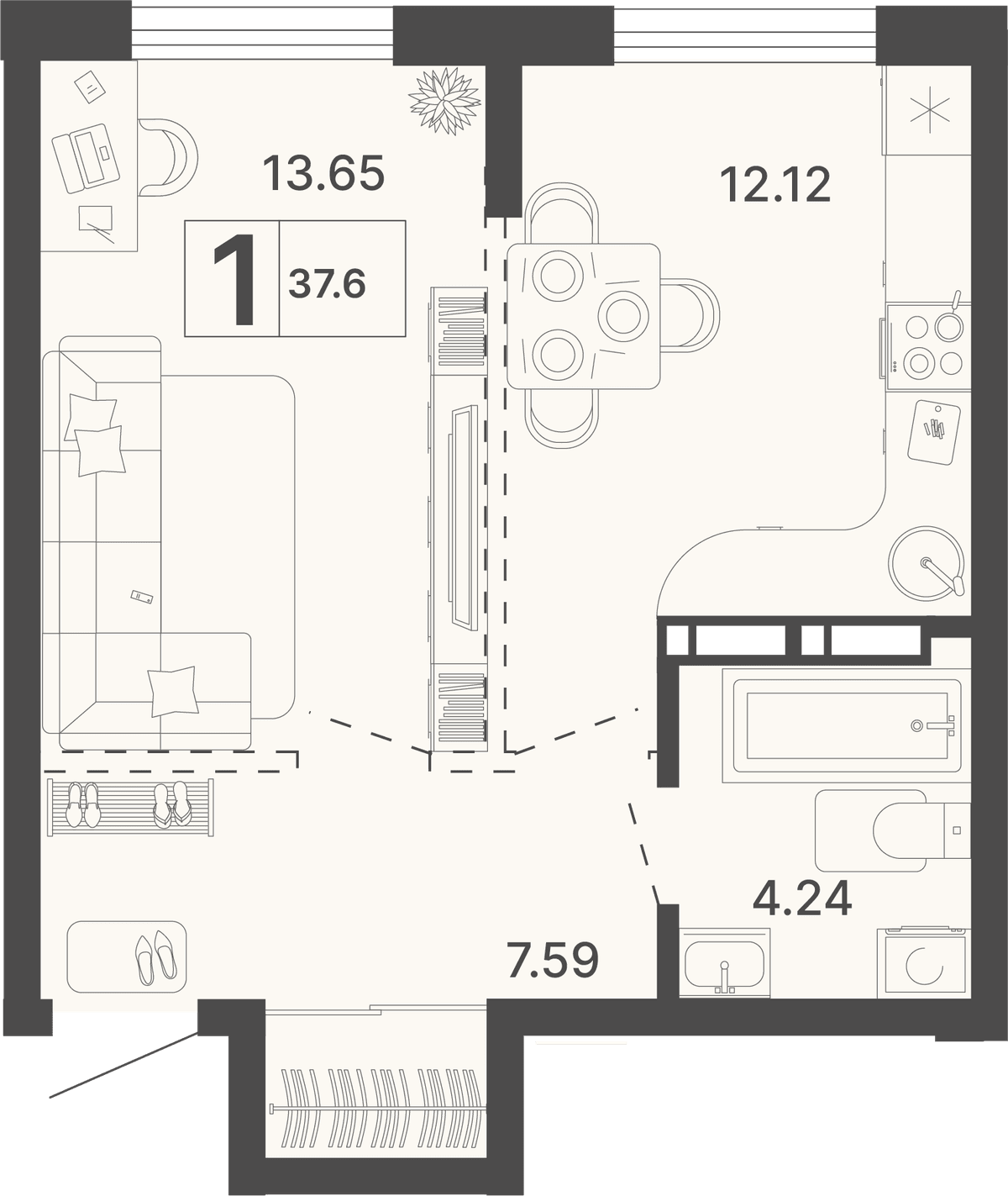 1-к, 37.6 м² · Светский лес