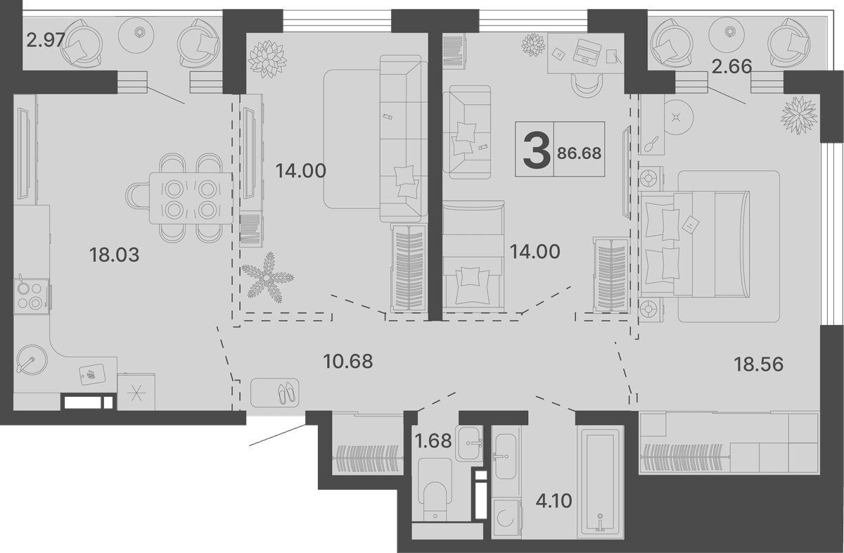 3-к, 86.68 м² · Светский лес
