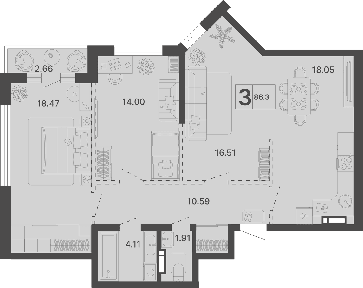 3-к, 86.3 м² · Светский лес