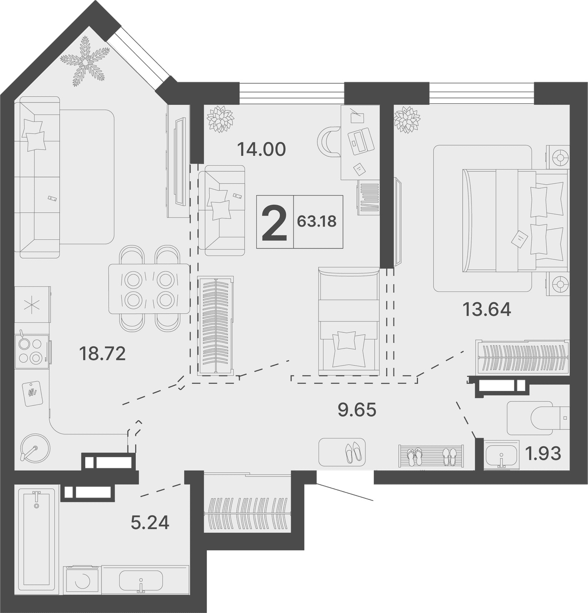 2-к, 63.18 м² · Светский лес