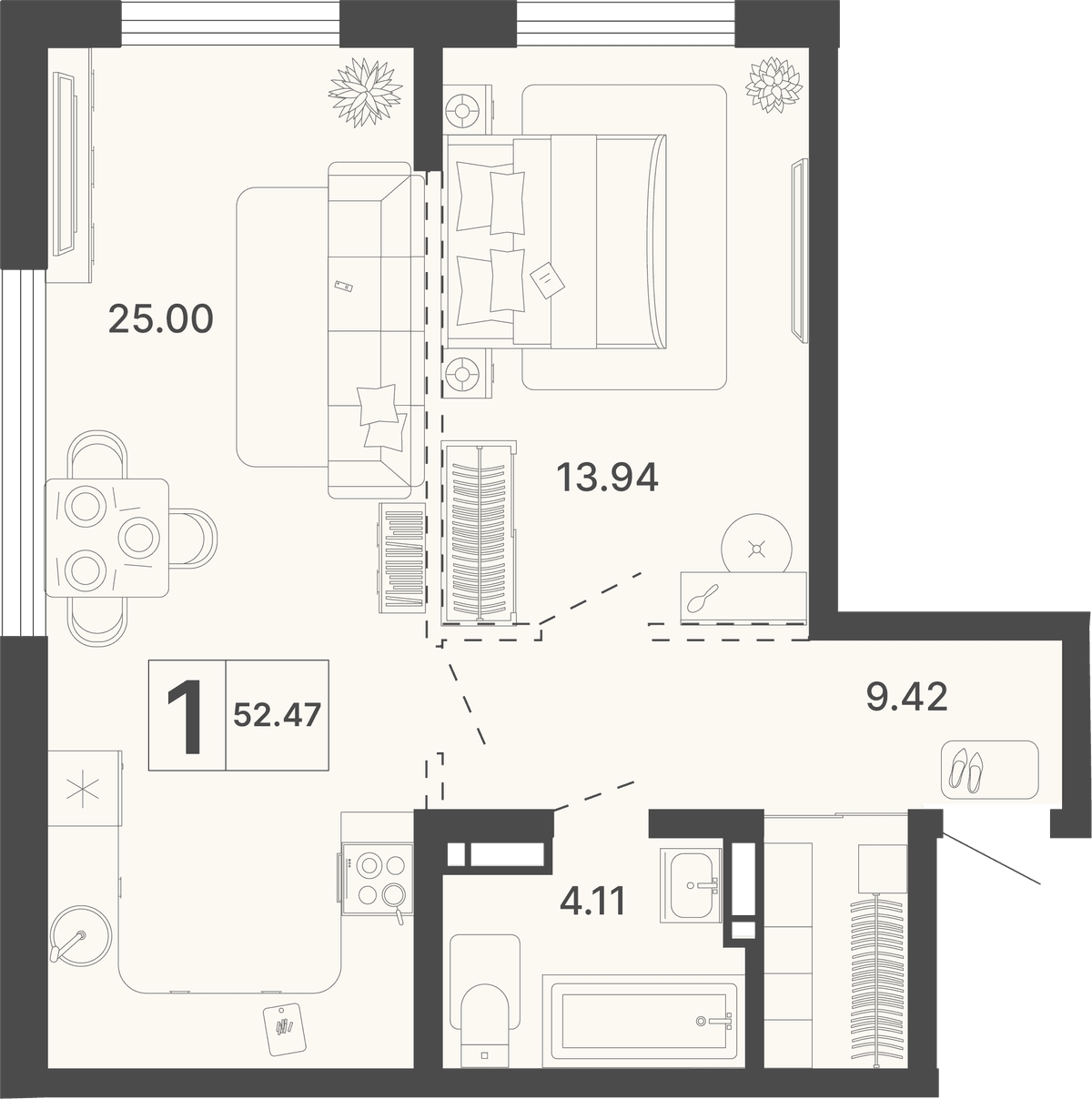 1-к, 52.47 м² · Светский лес