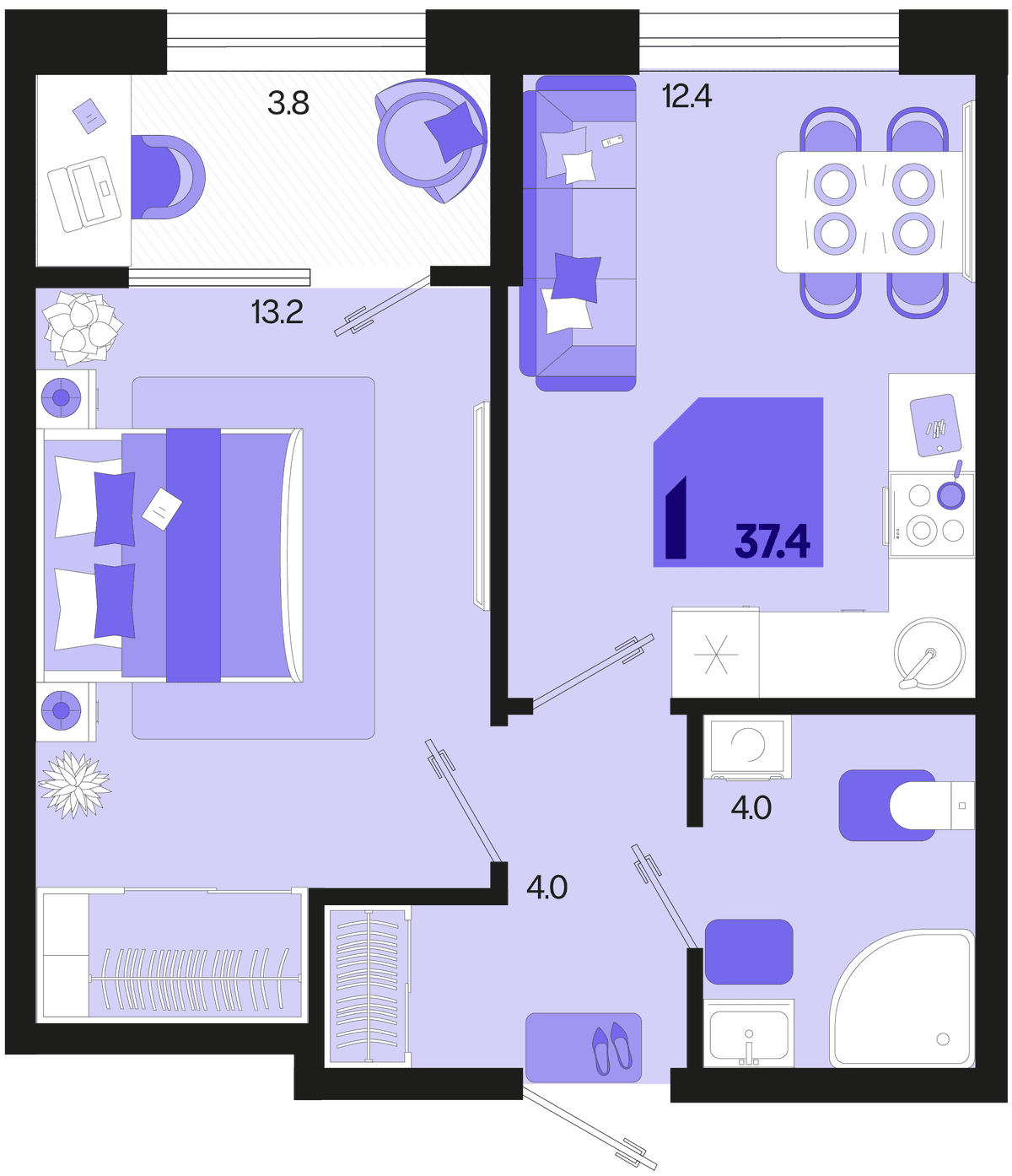 1-к, 37.4 м² · Первое место