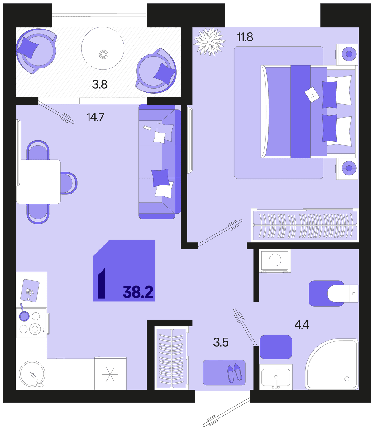 1-к, 38.2 м² · Первое место