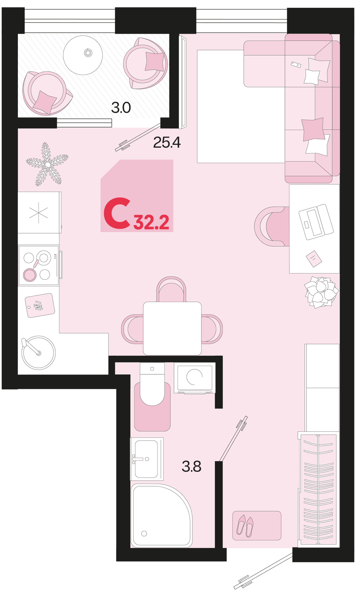 Студия, 32.2 м² · Первое место