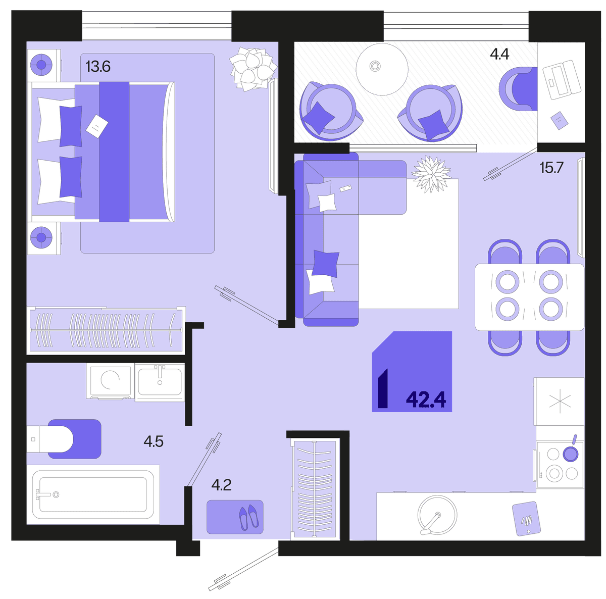 1-к, 42.4 м² · Первое место