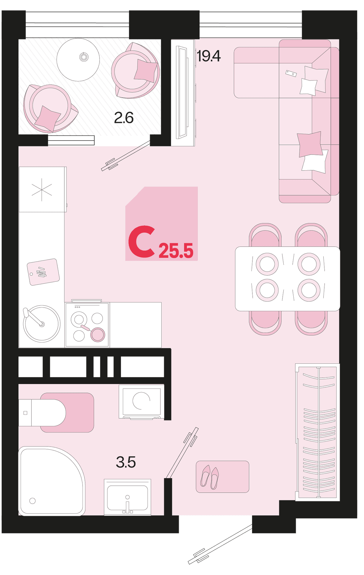 Студия, 25.5 м² · Первое место