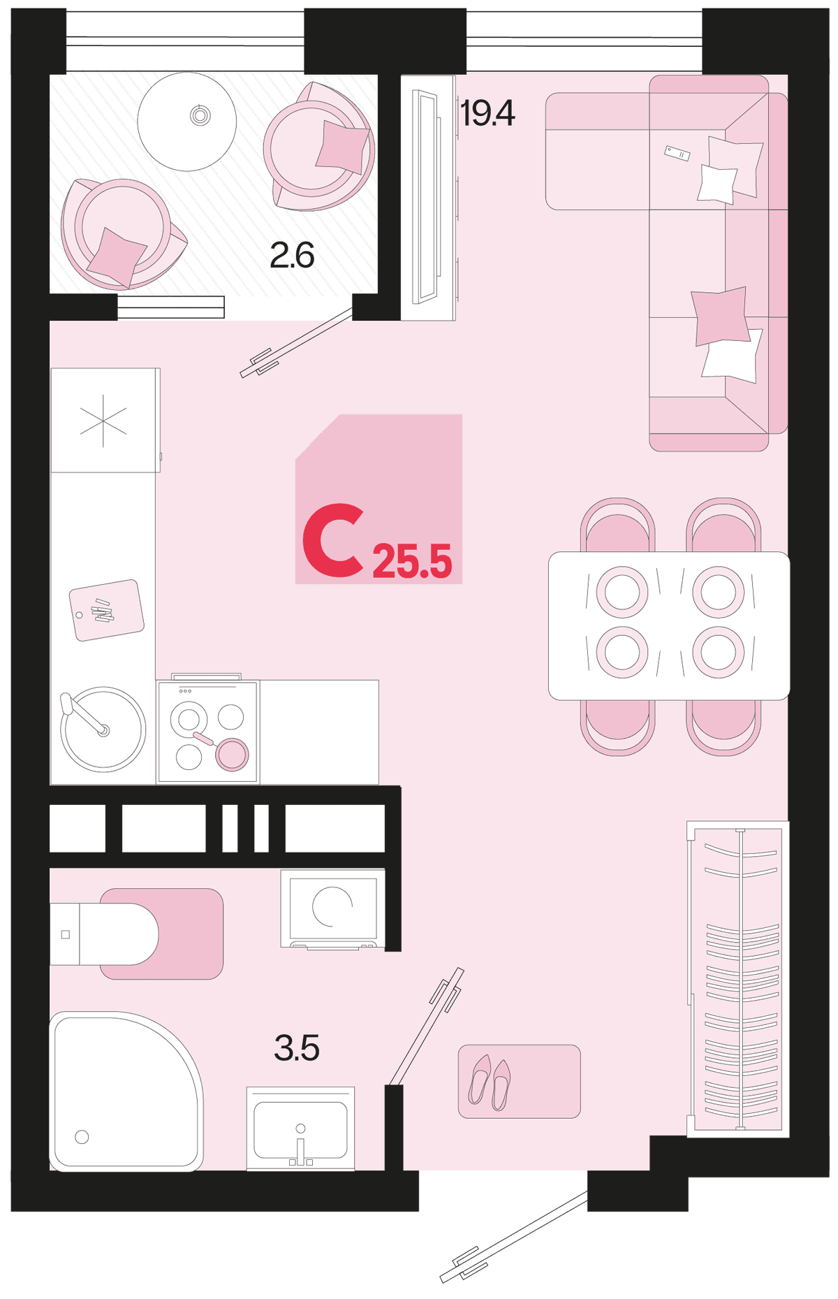 Студия, 25.5 м² · Первое место