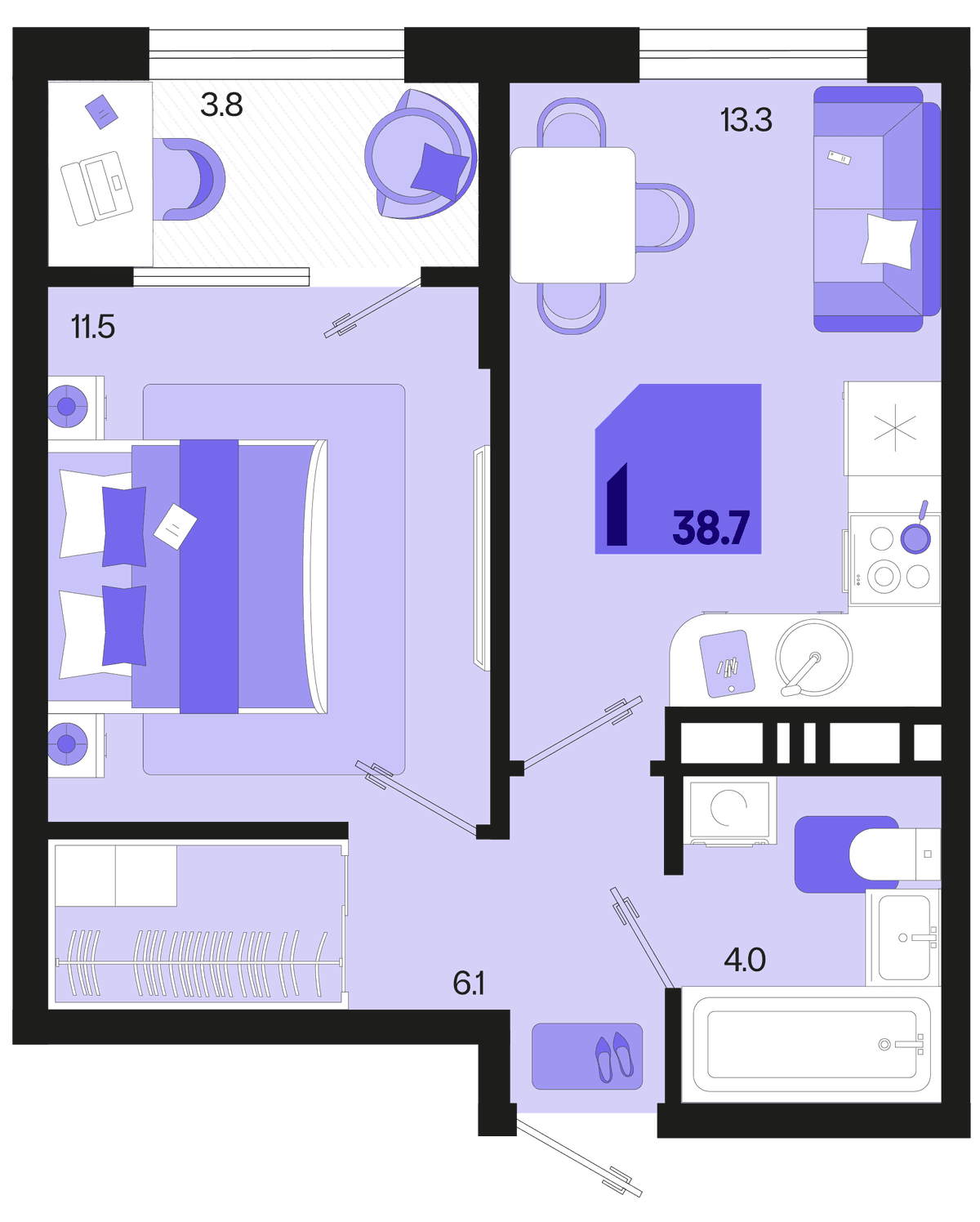 1-к, 38.7 м² · Первое место