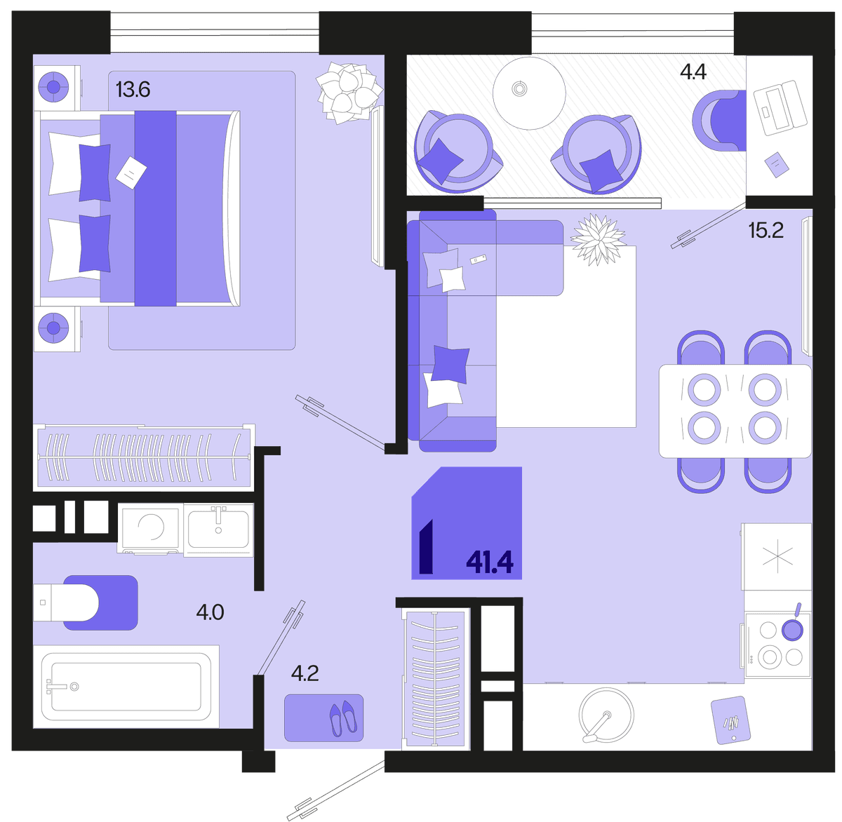 1-к, 41.4 м² · Первое место