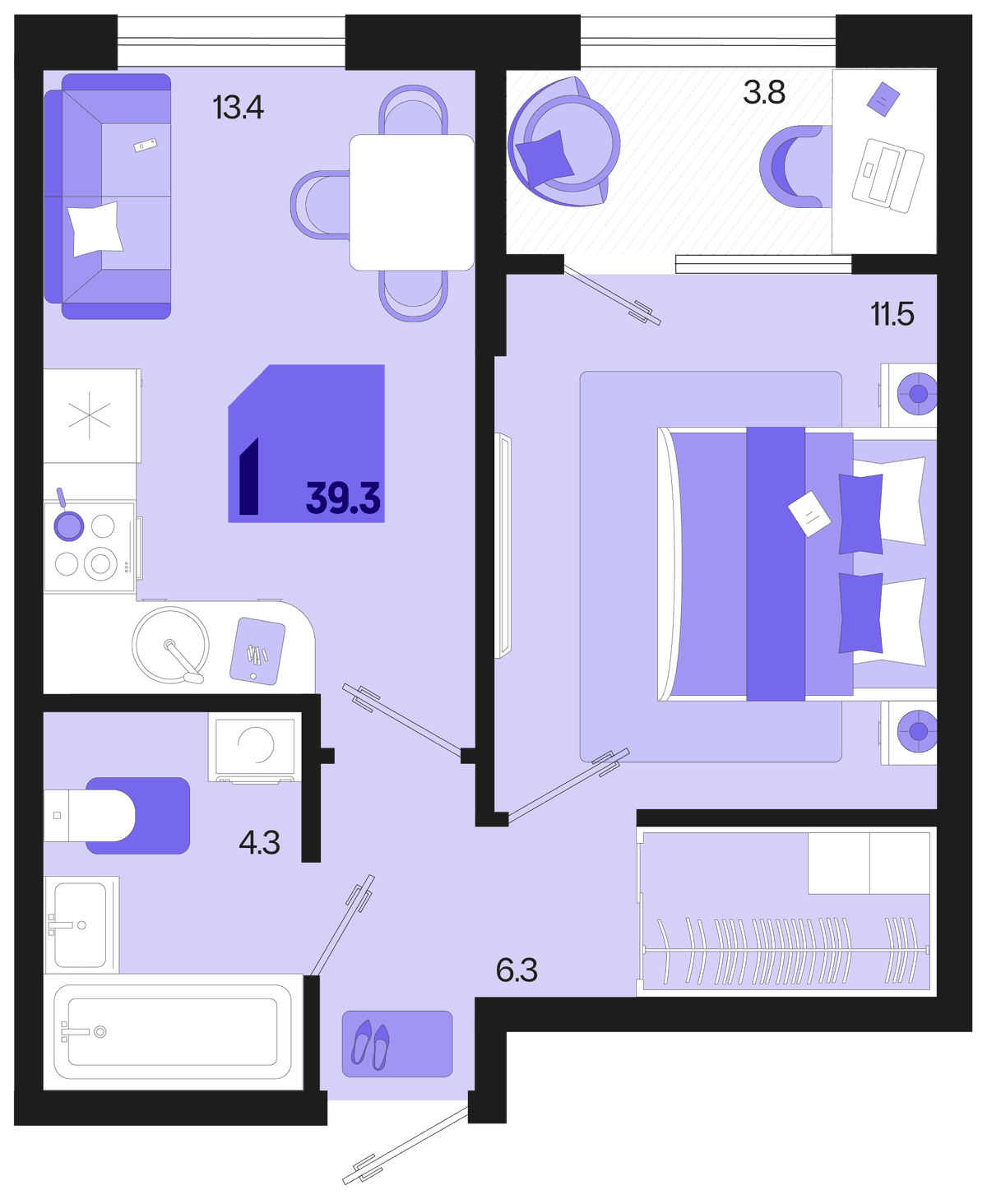 1-к, 39.3 м² · Первое место