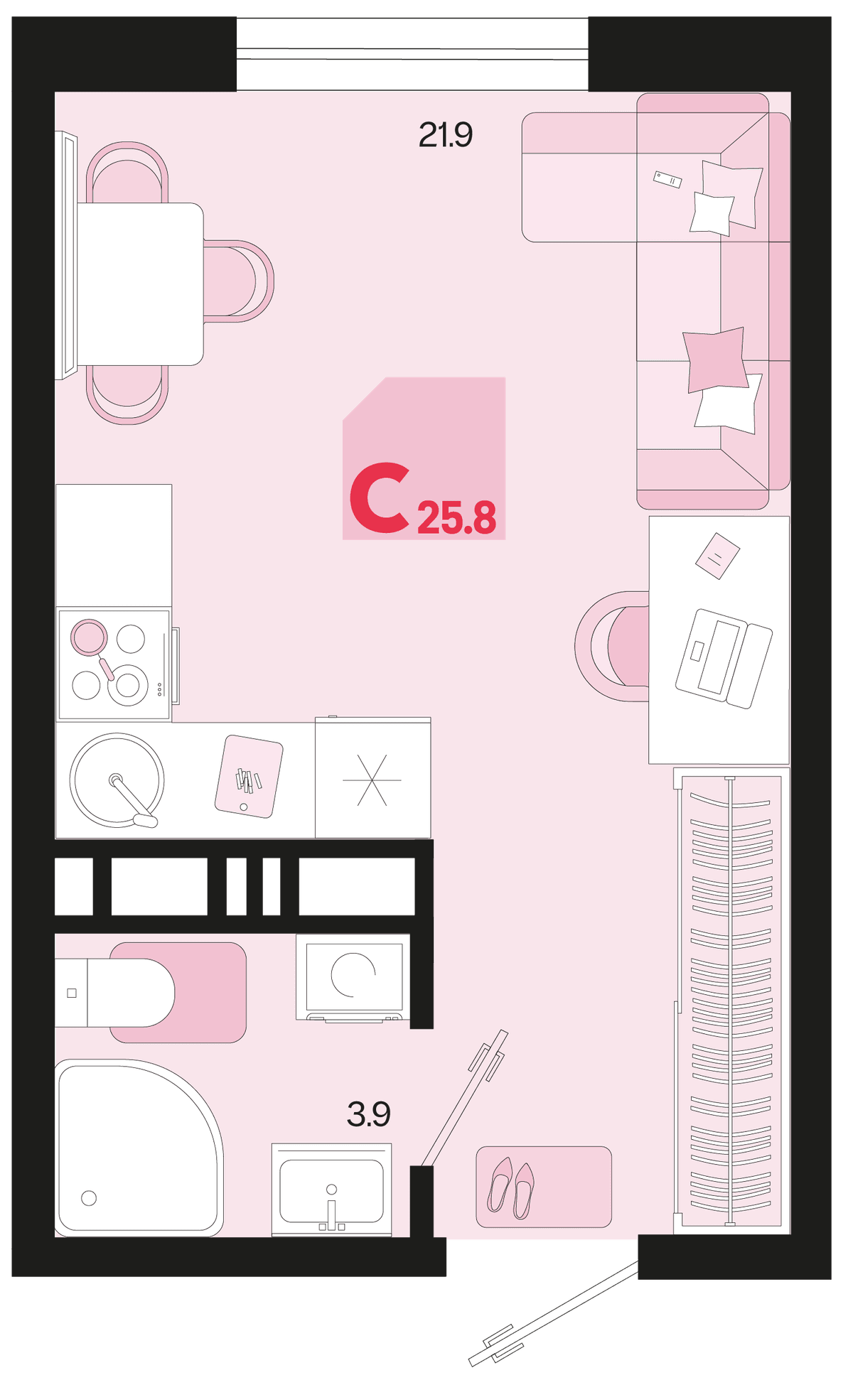 Студия, 25.8 м² · Первое место