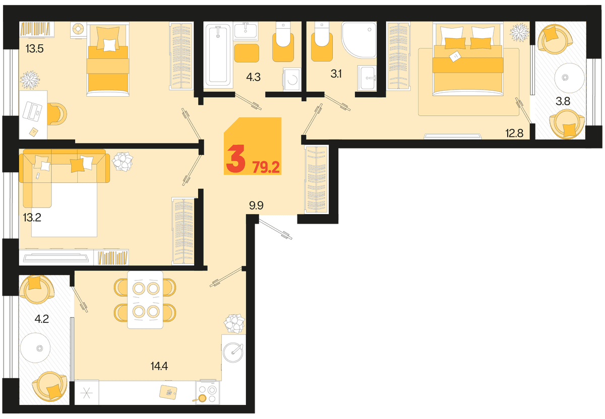 3-к, 79.2 м² · Первое место