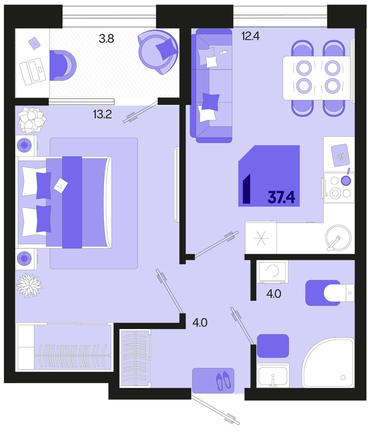 1-к, 37.4 м² · Первое место