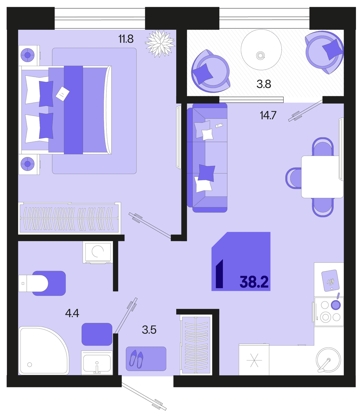 1-к, 38.2 м² · Первое место