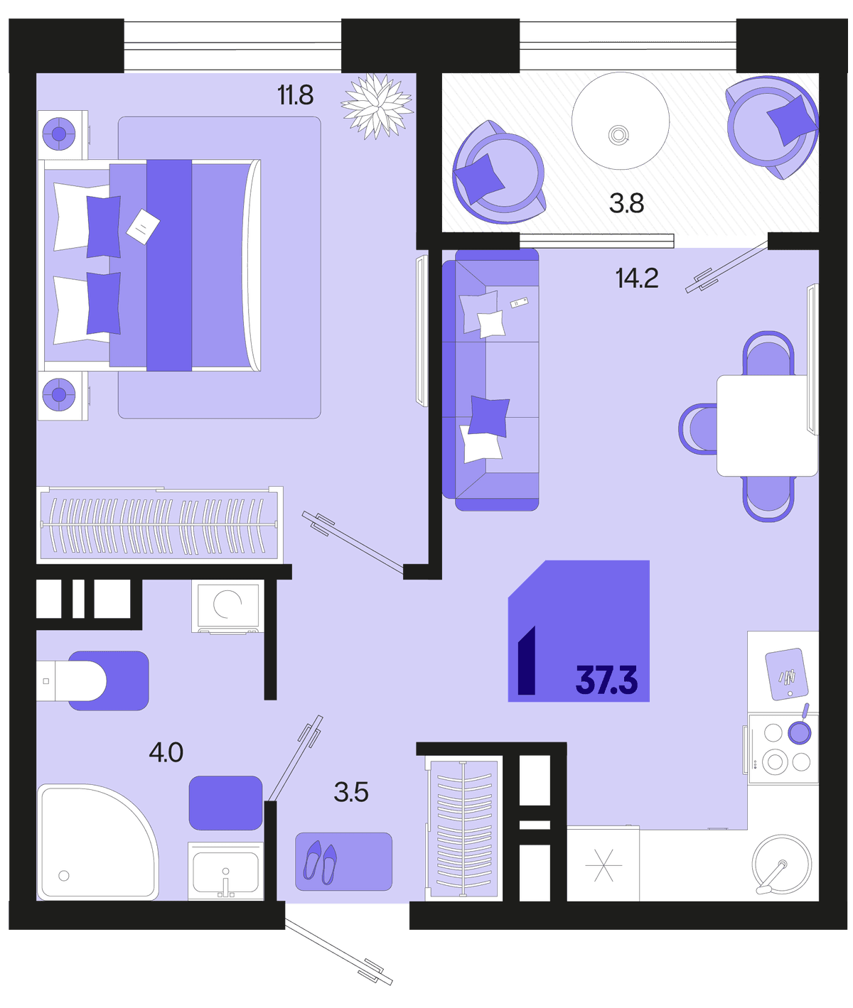 1-к, 37.3 м² · Первое место