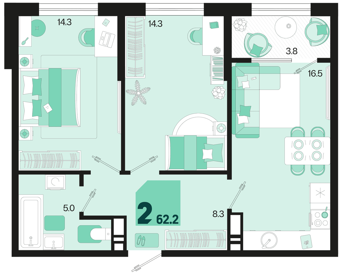 2-к, 62.2 м² · Первое место