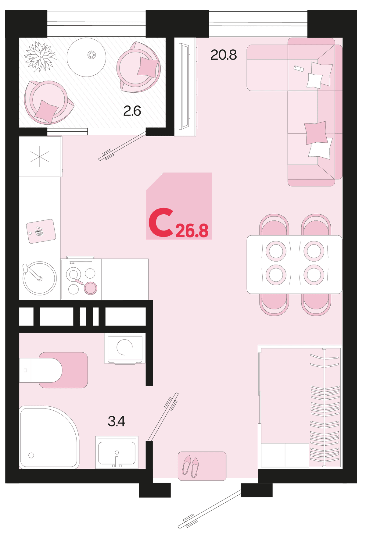 Студия, 26.8 м² · Первое место