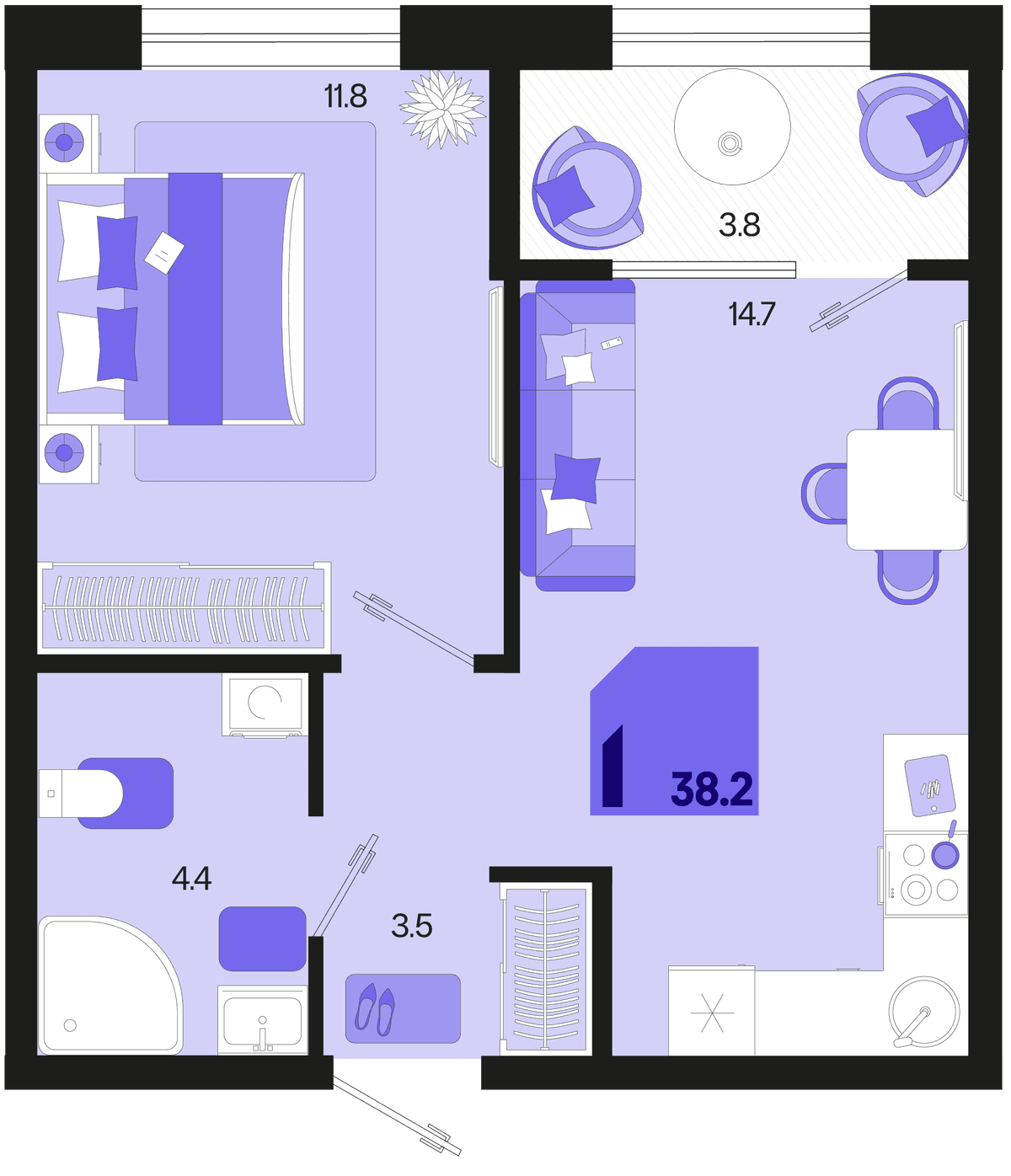 1-к, 38.2 м² · Первое место