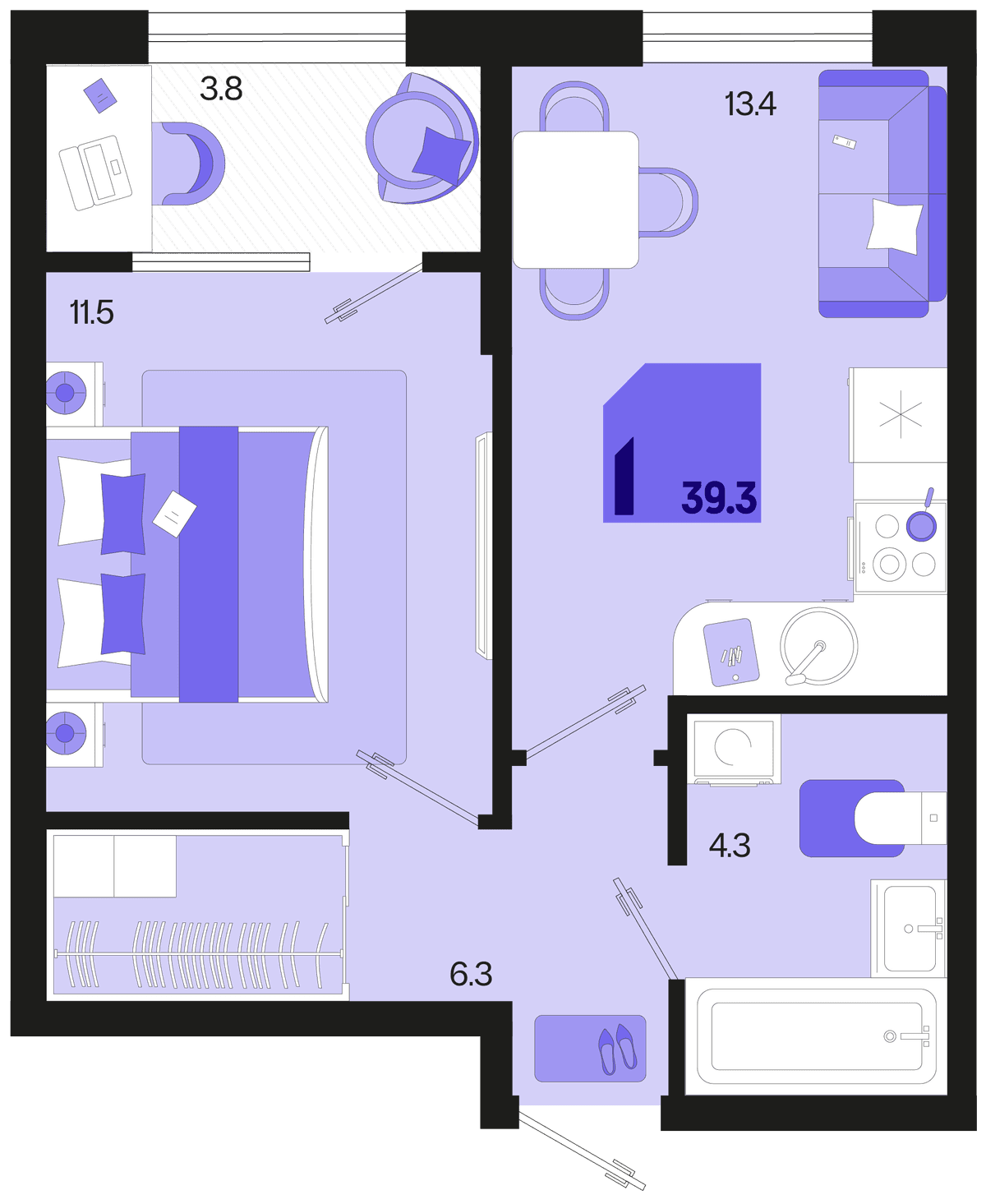 1-к, 39.3 м² · Первое место