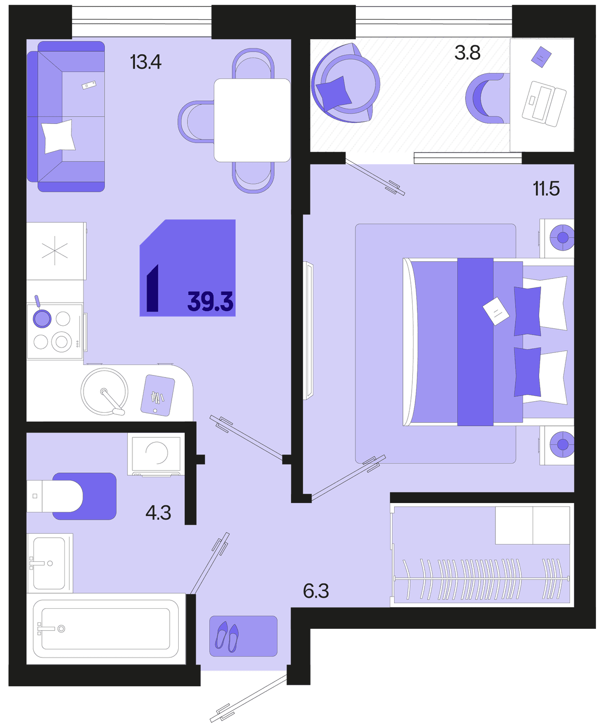 1-к, 39.3 м² · Первое место