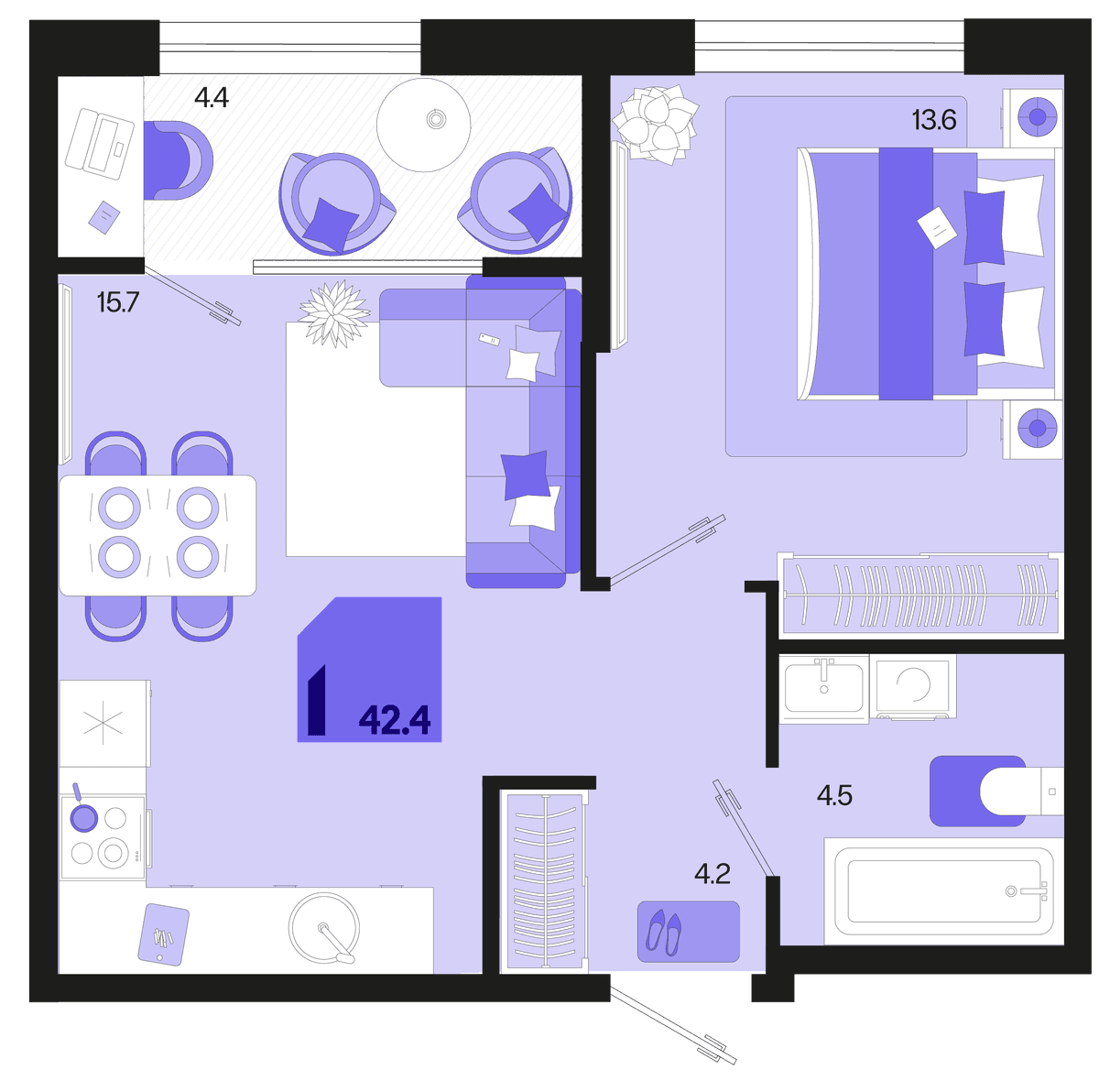 1-к, 42.4 м² · Первое место