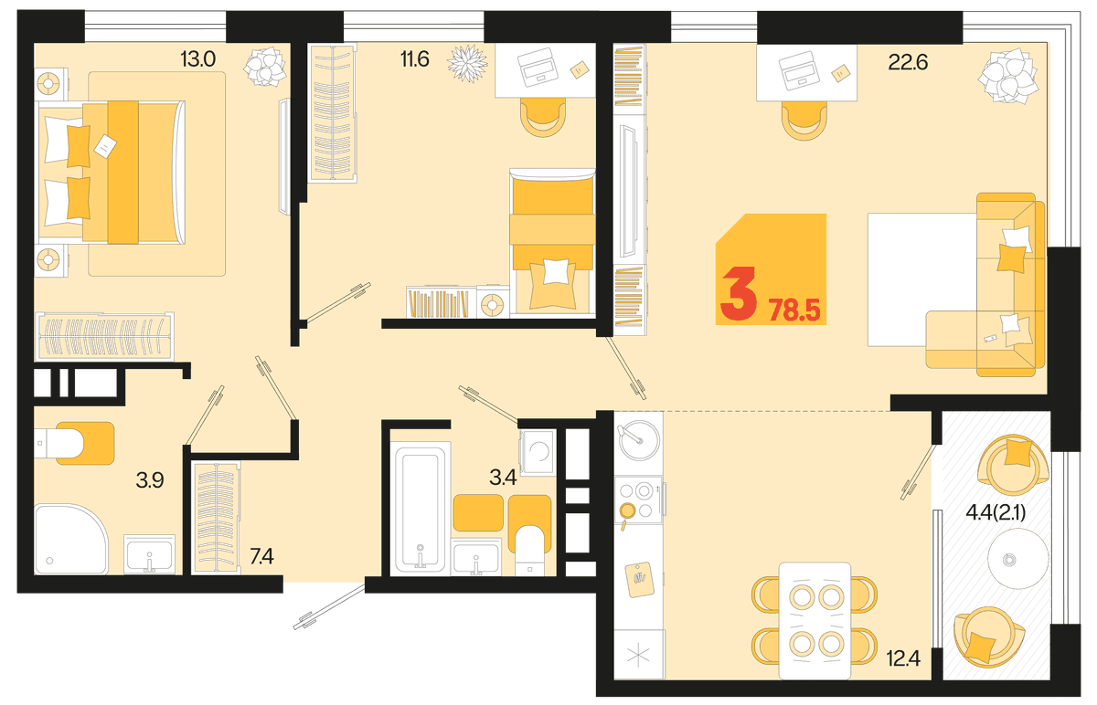 3-к, 78.5 м² · Первое место