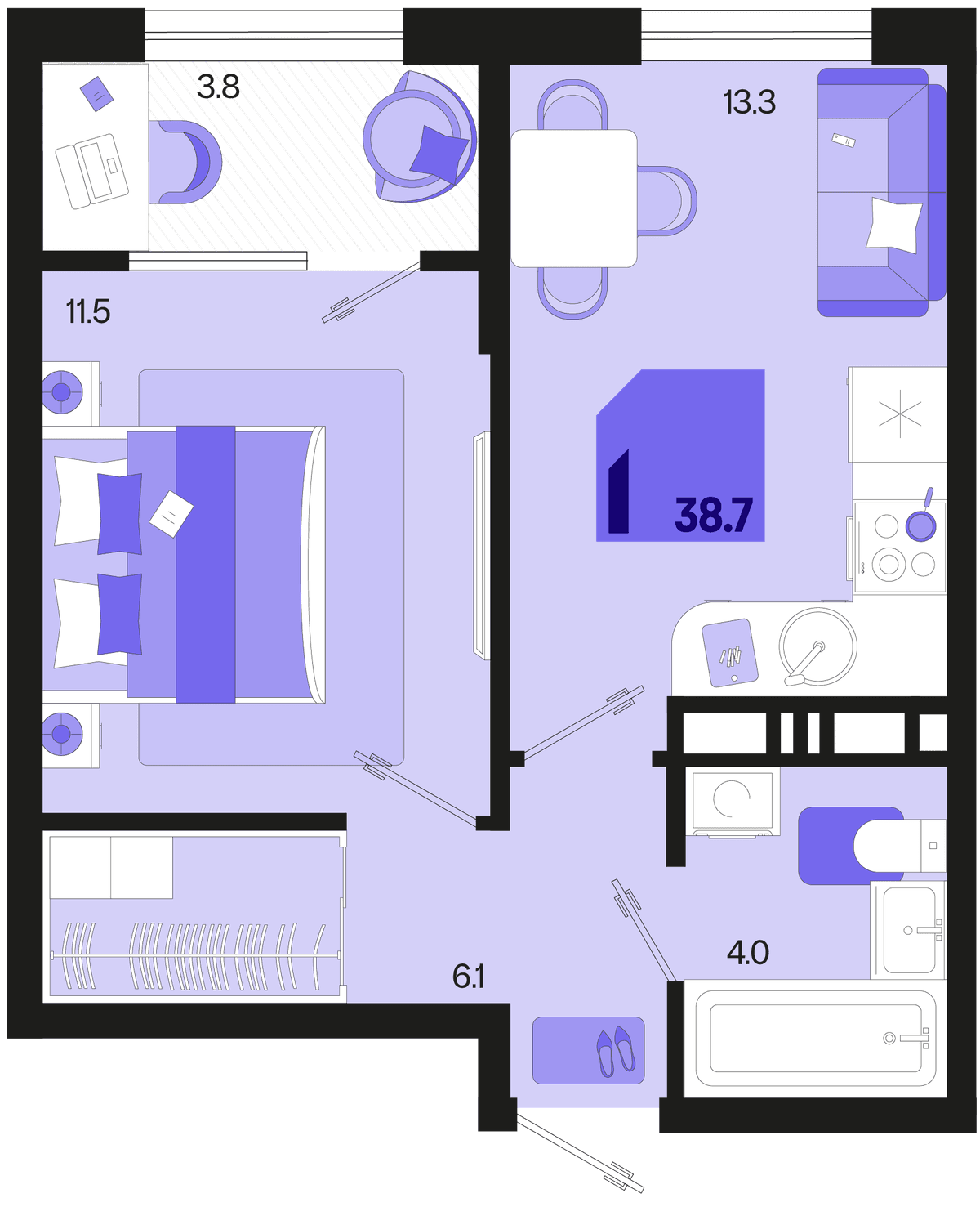1-к, 38.7 м² · Первое место