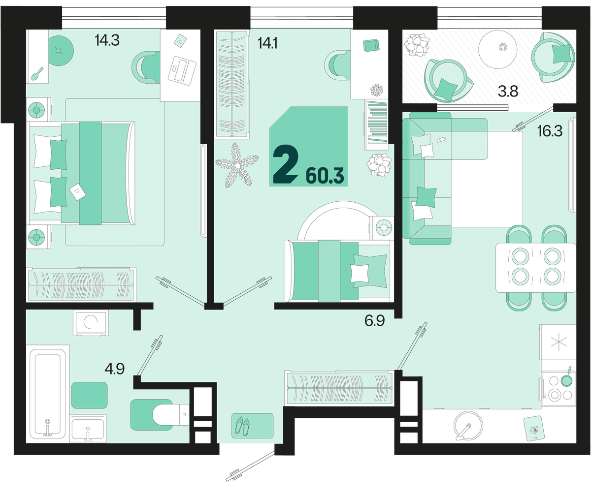 2-к, 60.3 м² · Первое место