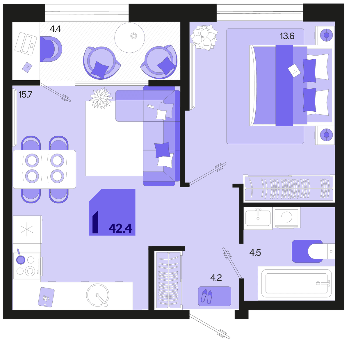 1-к, 42.4 м² · Первое место