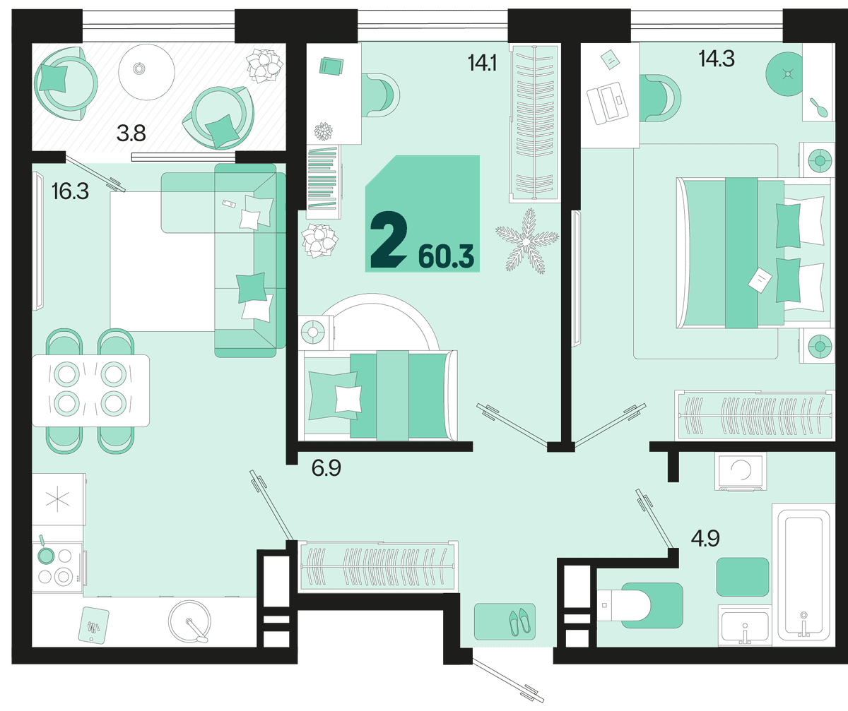 2-к, 60.3 м² · Первое место