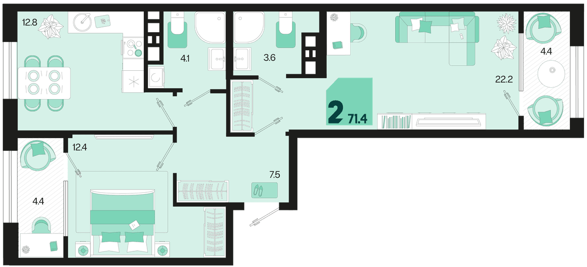 2-к, 71.4 м² · Первое место
