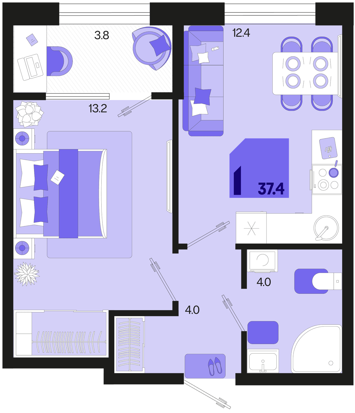 1-к, 37.4 м² · Первое место