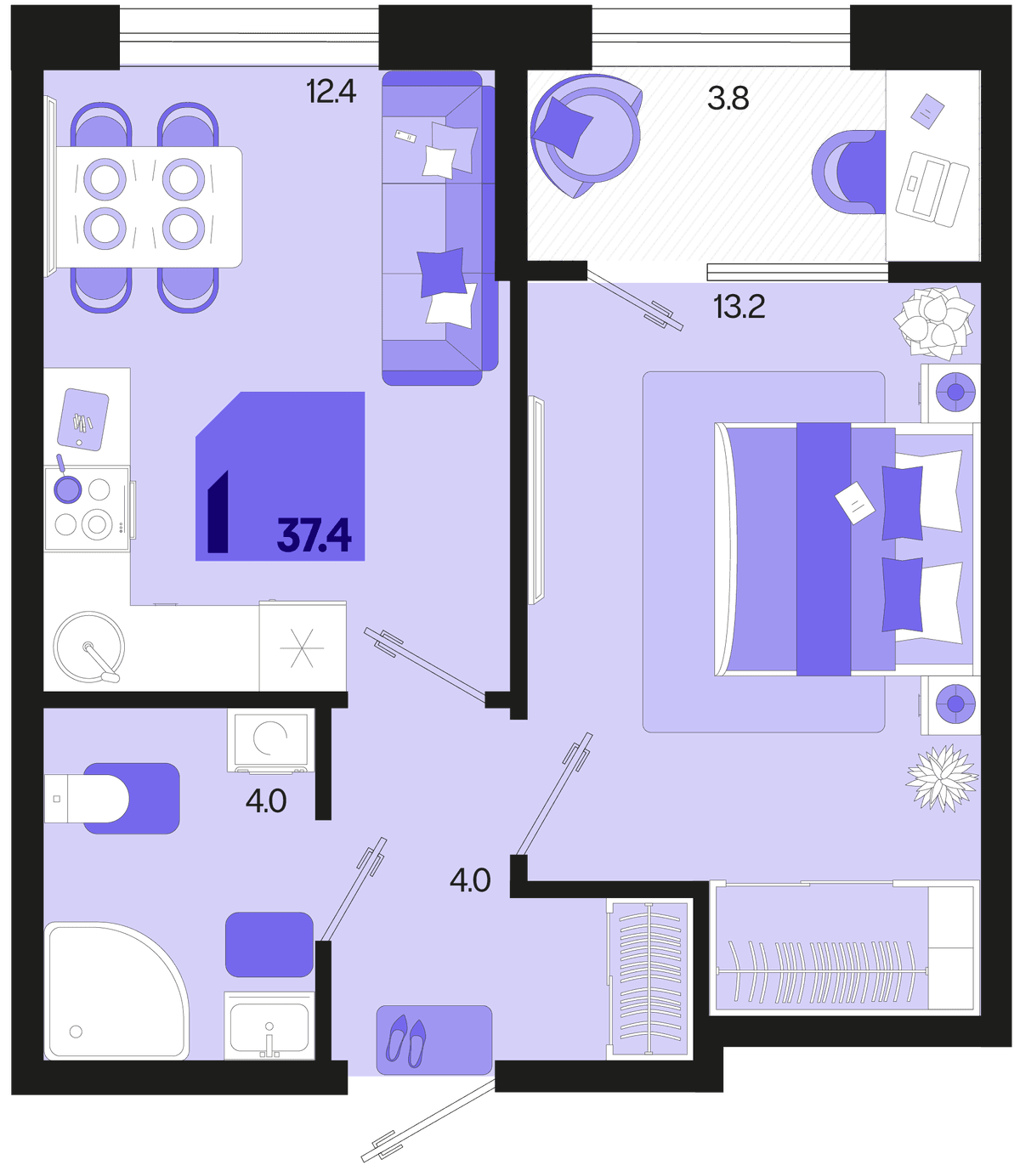1-к, 37.4 м² · Первое место