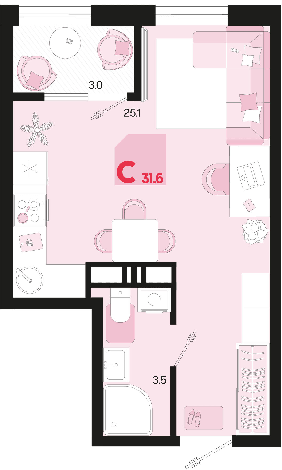 Студия, 31.6 м² · Первое место