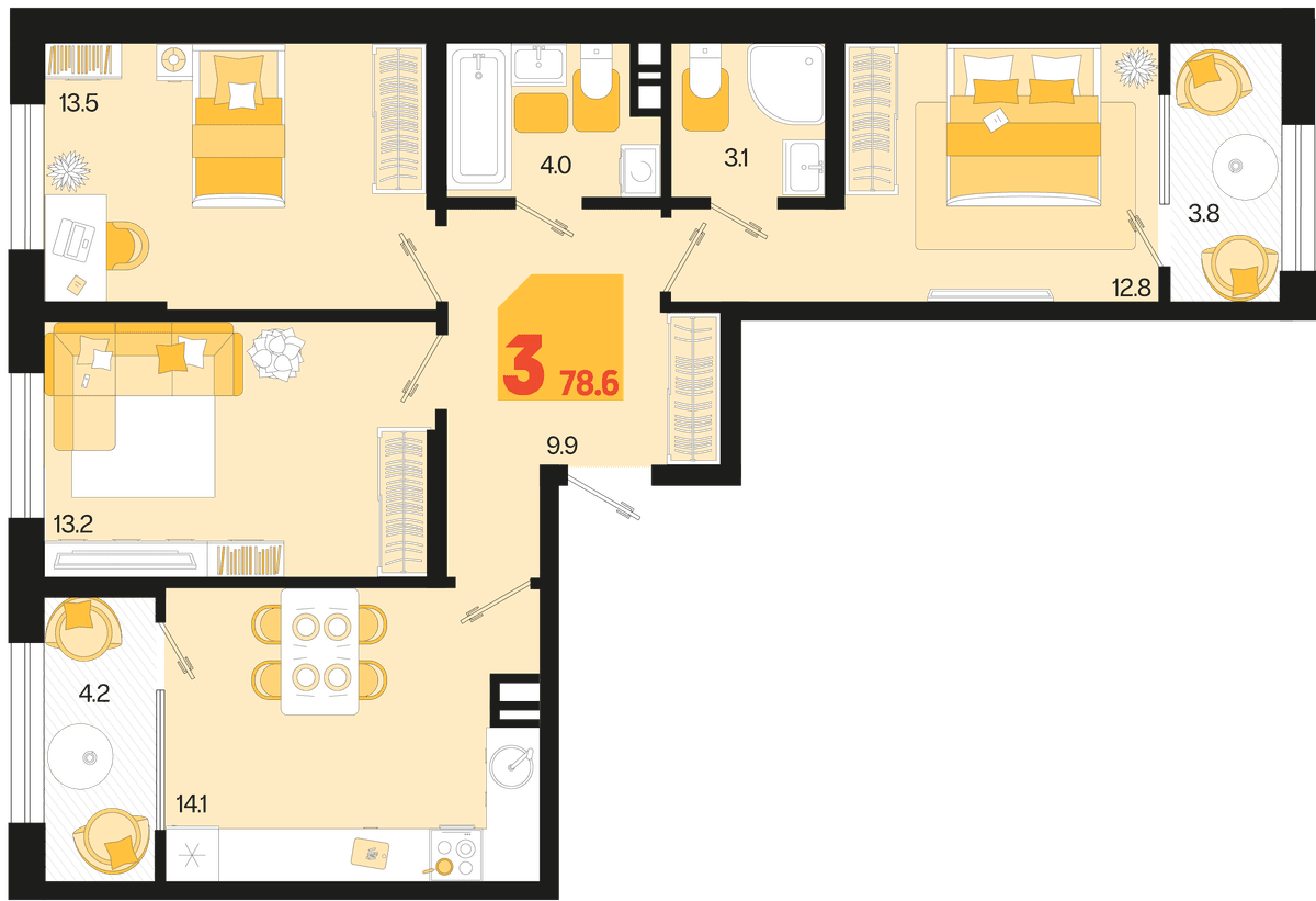 3-к, 78.6 м² · Первое место