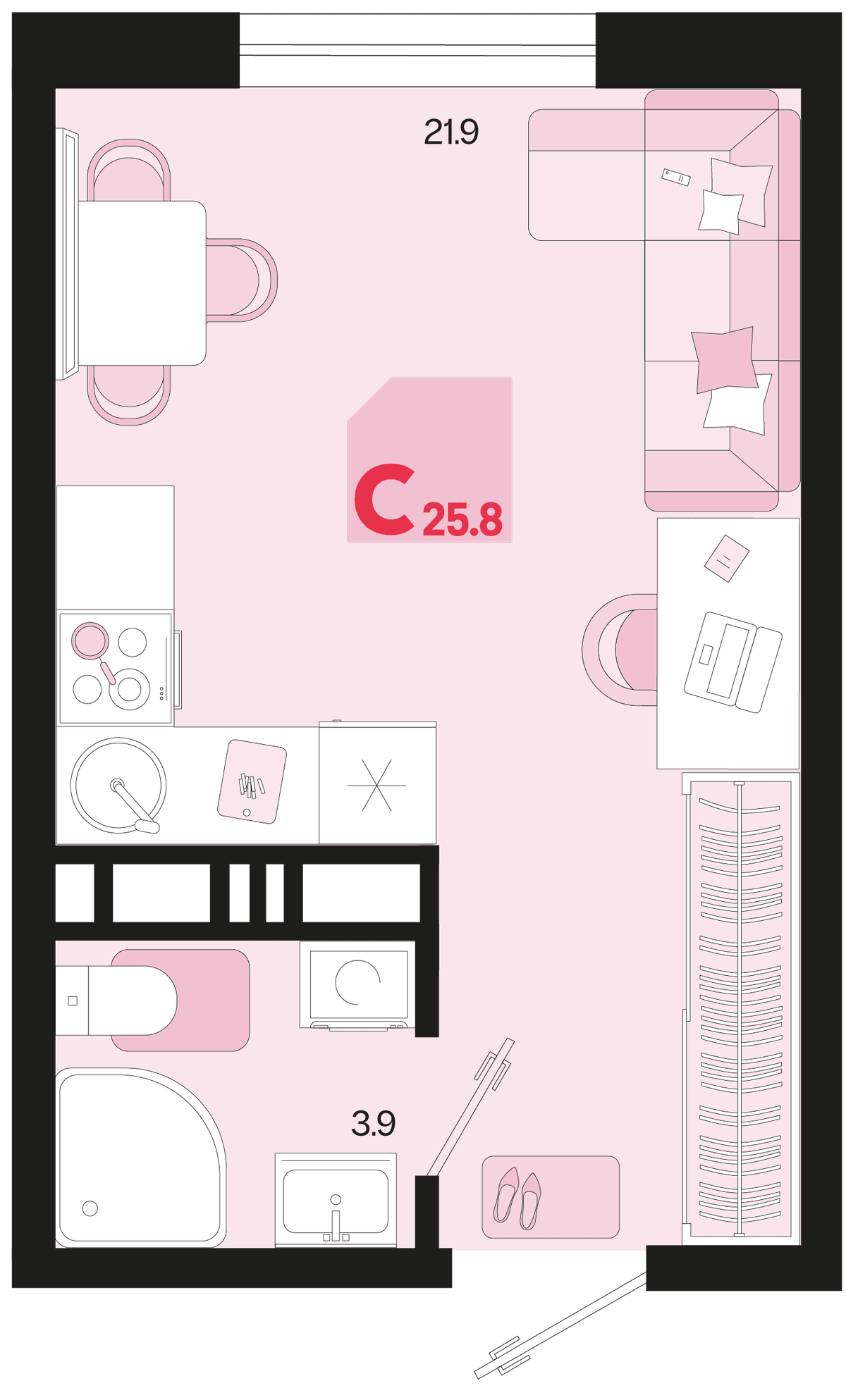 Студия, 25.8 м² · Первое место