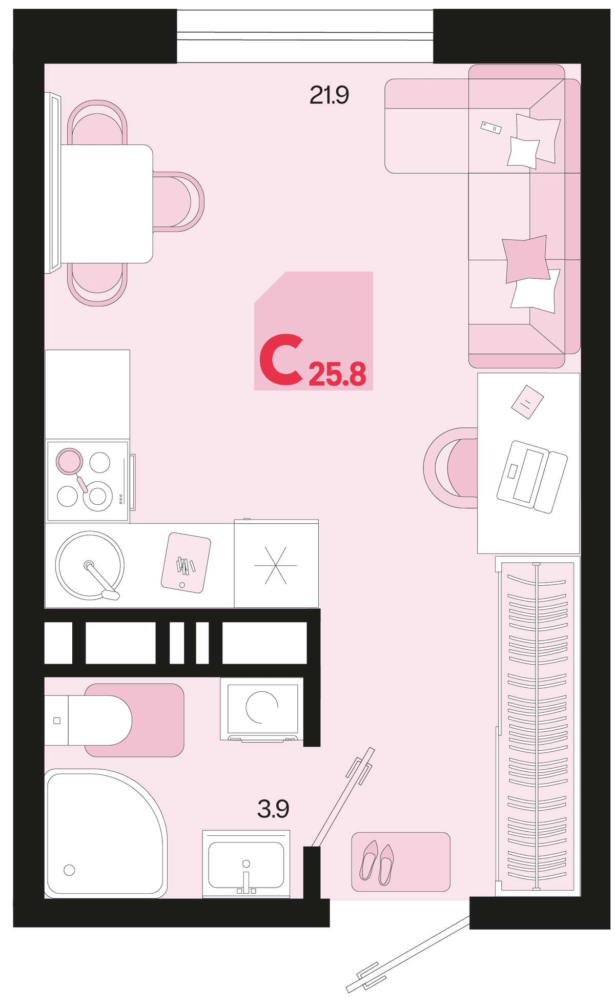 Студия, 25.8 м² · Первое место