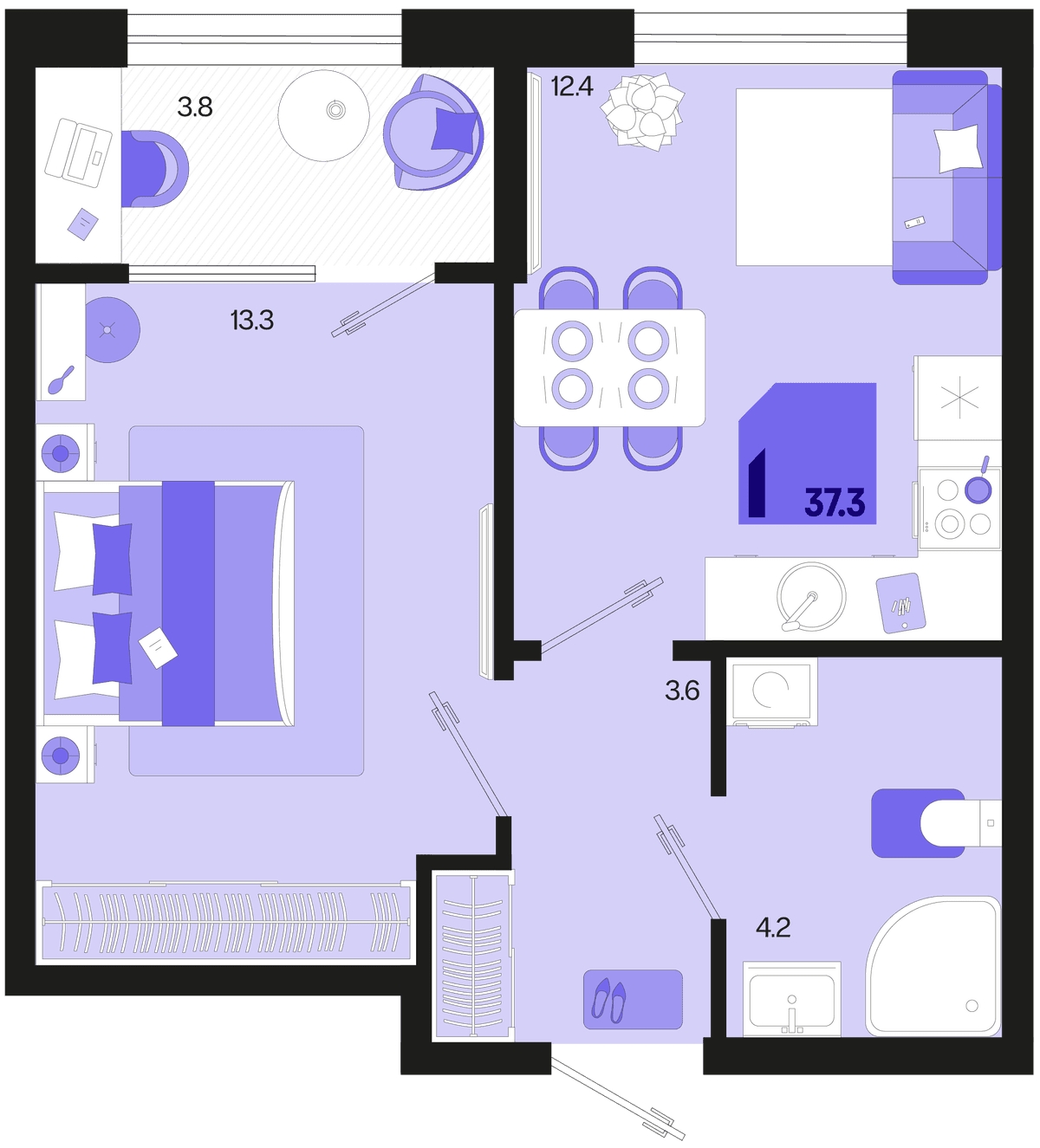 1-к, 37.3 м² · Первое место