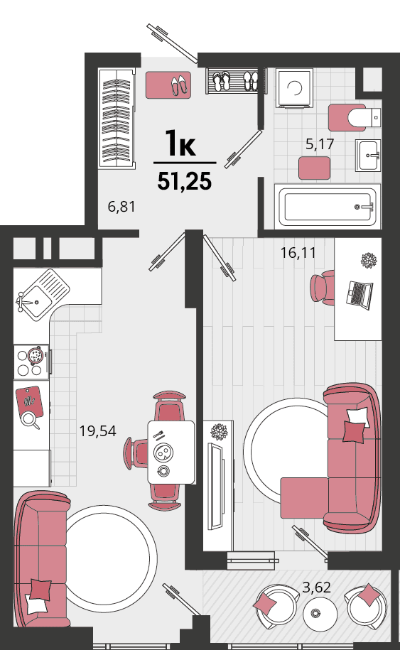 1-к, 51.25 м² · Родные просторы