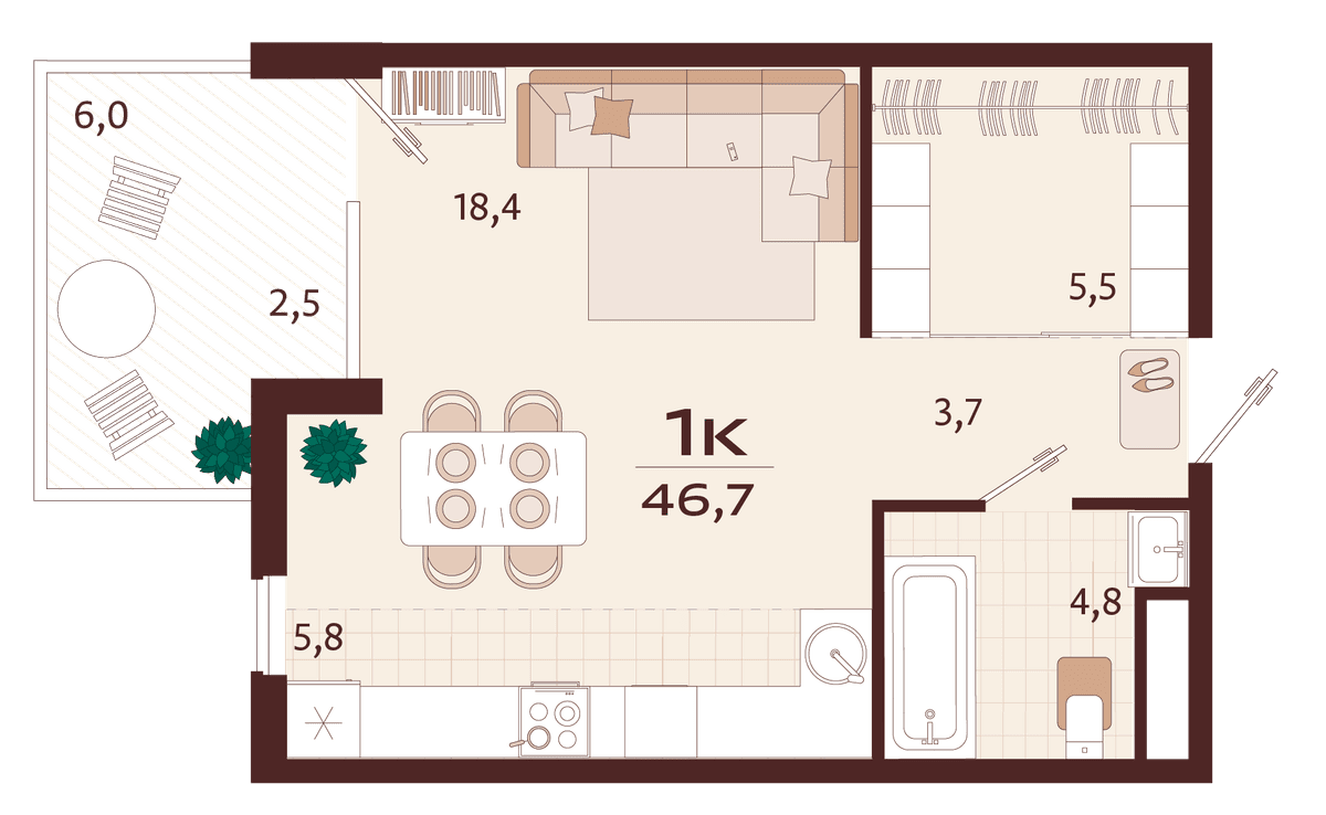 1-к, 46.7 м² · Роялта