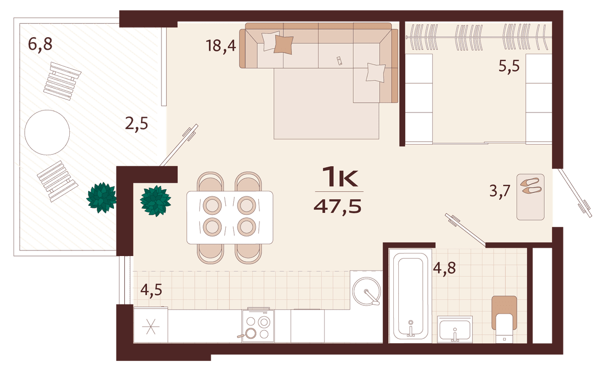 1-к, 47.5 м² · Роялта