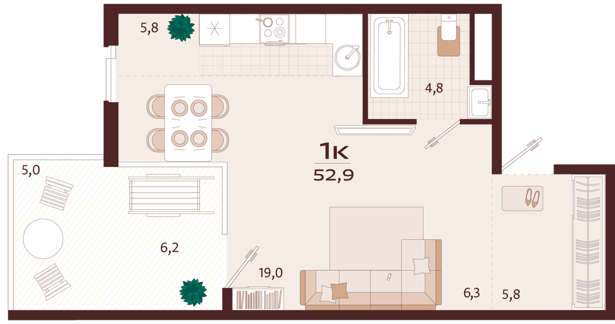 1-к, 52.9 м² · Роялта