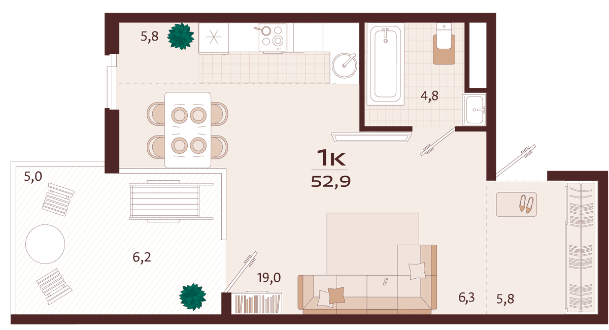 1-к, 52.9 м² · Роялта