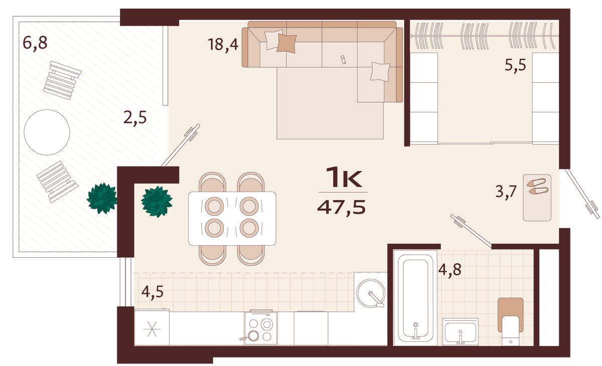 1-к, 47.5 м² · Роялта