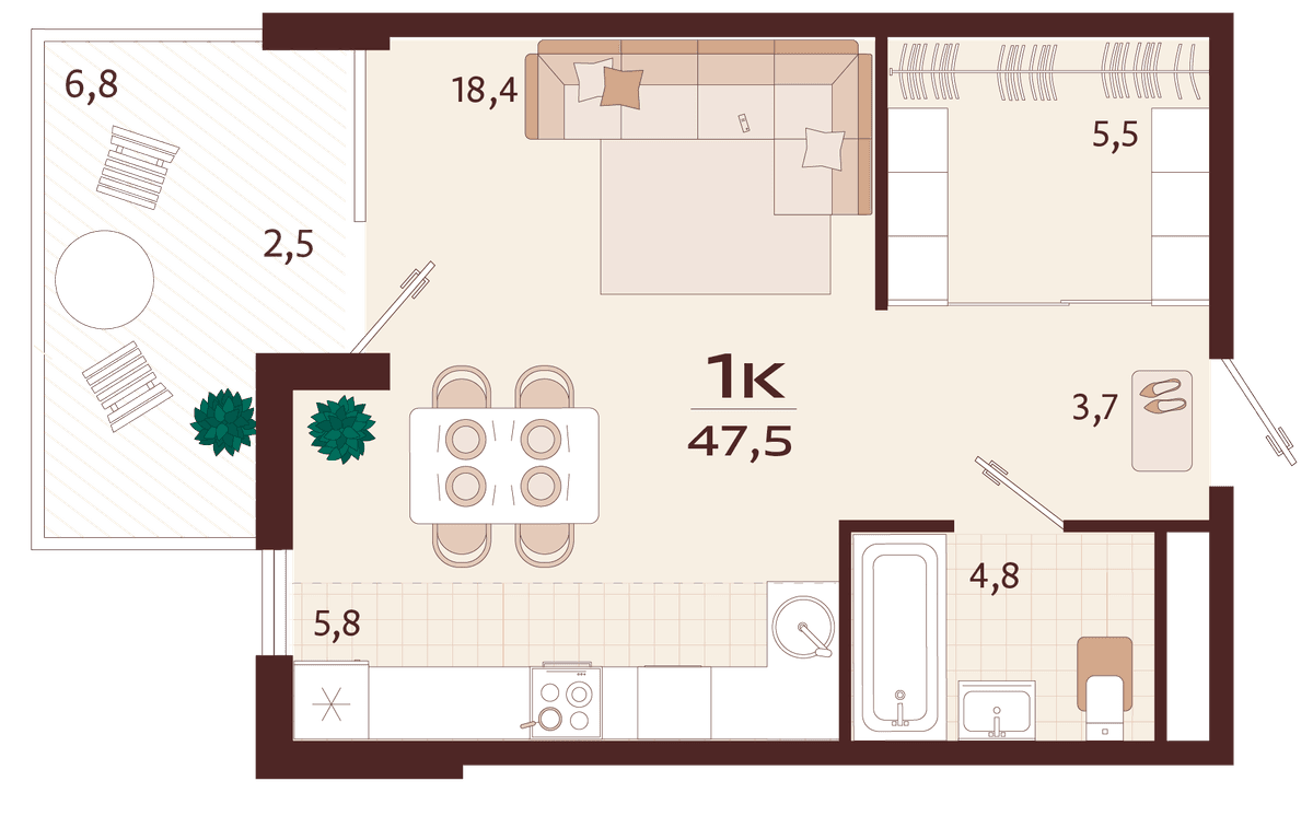 1-к, 47.5 м² · Роялта