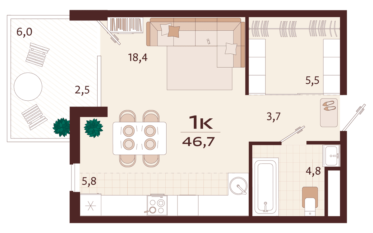 1-к, 46.7 м² · Роялта