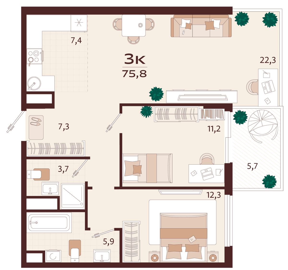3-к, 75.8 м² · Роялта