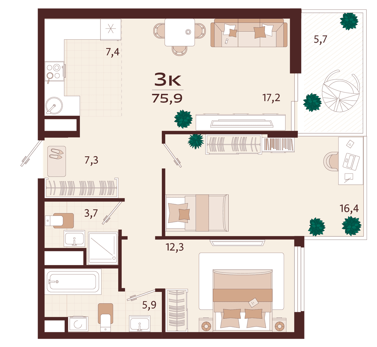 3-к, 75.9 м² · Роялта