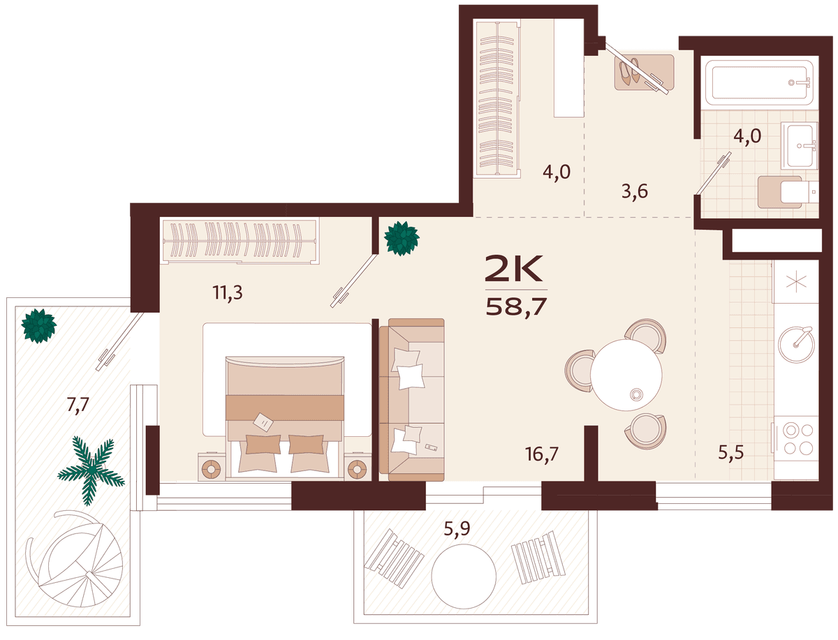 2-к, 58.7 м² · Роялта