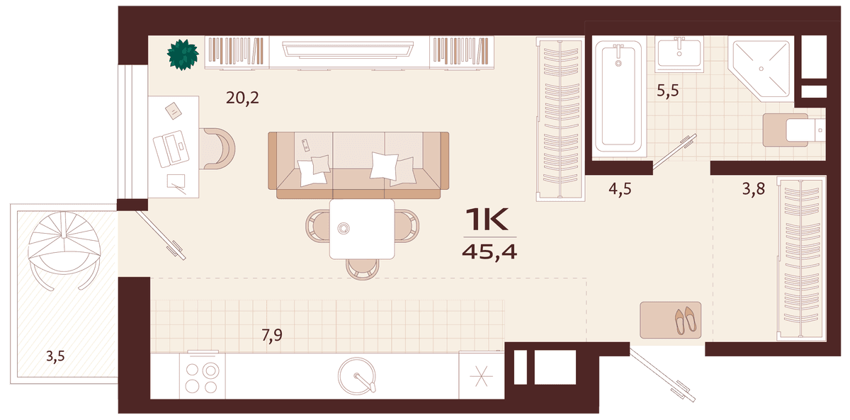 1-к, 45.4 м² · Роялта